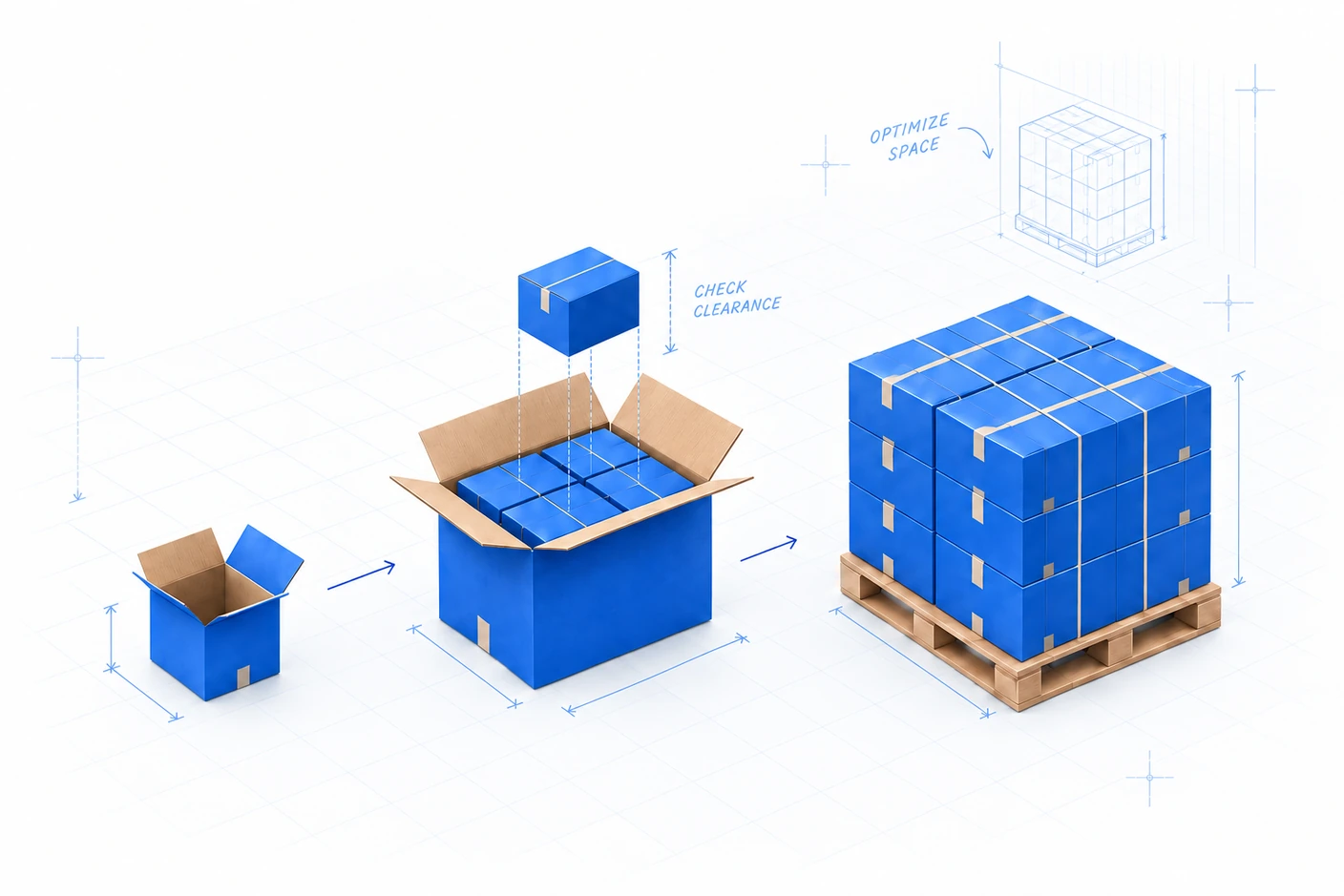 Blue cartons arranged into an open shipping case and a complete pallet load, with faint engineering guides.