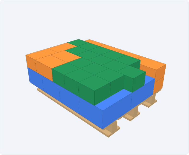 Synthetic tea, coffee and snack cases arranged on one pallet in PackCalc's 3D plan viewer
